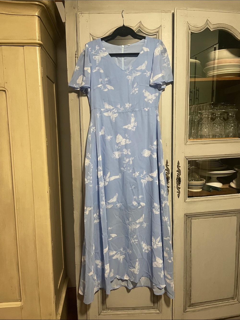 Light Blue Maxi Dress with White Butterfly Print